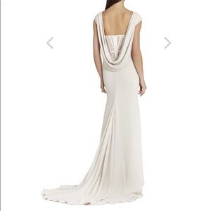 BCBGMaxAzria Cream Wedding Dress with Lace Corset Draped Cowl Back Train Maxi